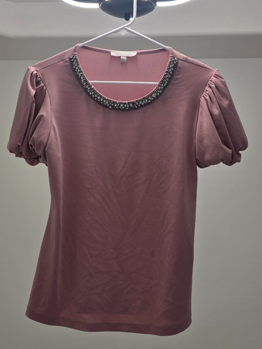 "Ivy Ridge" Pink Beaded Neck Puff Sleeve Blouse Size Small Romantic Top